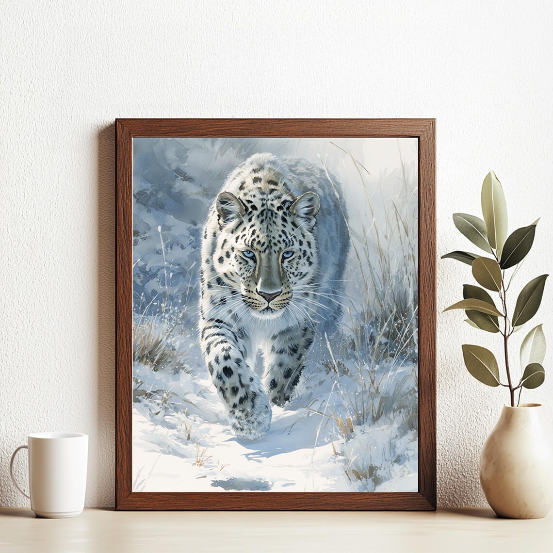 Snow Leopard Prowling in Snow Winter Wildlife Big Cat Artistic Art Poster