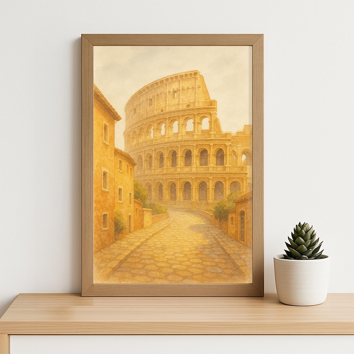 Rome Colosseum Watercolor Golden Cobblestone Street Italy Poster
