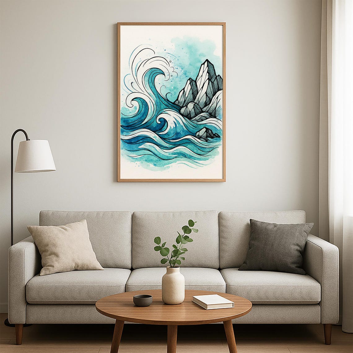 Ocean Wave Watercolor Big Blue Curl Rocky Coastline Art Poster - Image 3