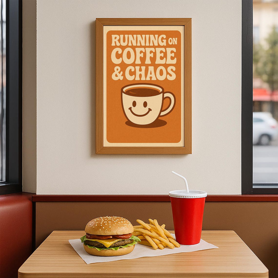 Running On Coffee Chaos Poster Funny Retro Wall Art 70s Groovy Kitchen Print - Image 4