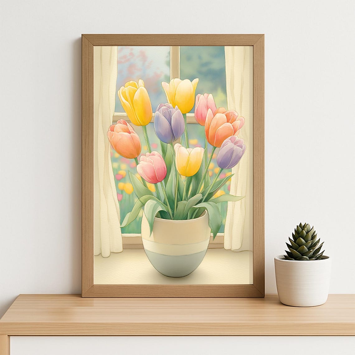 Pastel Tulips Bouquet In Ceramic Pot By Sunny Window Floral Poster