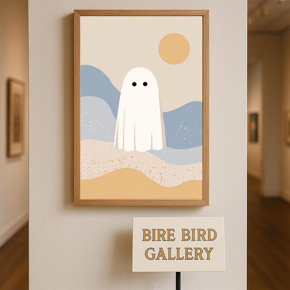 Cute Minimalist Wall Art Print Spooky Halloween Decor In Soft Neutral Tones For Modern Kids Room Or Fall Home Styling