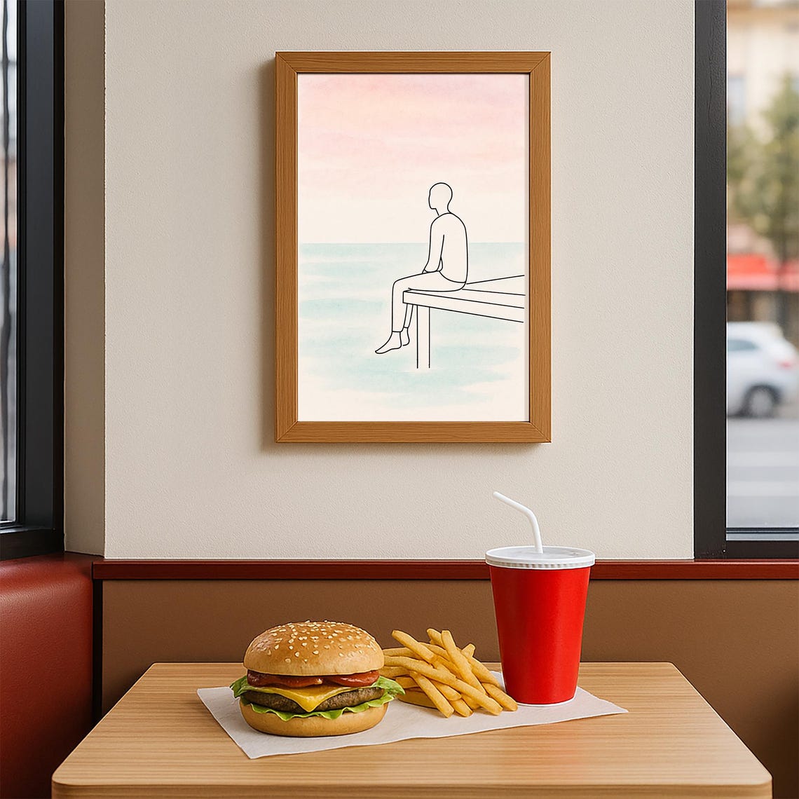 Minimalist Line Art Person on Dock Serene Ocean View Wall Art - Image 2