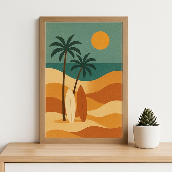 Surfboards and Palm Trees Retro Beach Sunset Minimalist Art Poster