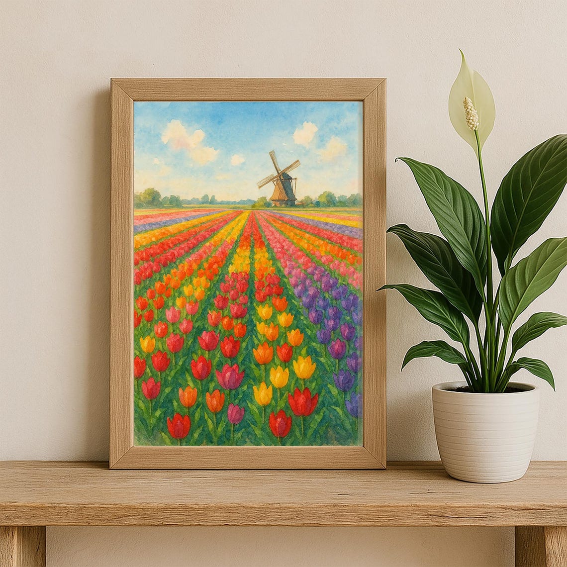 Dutch Tulip Field Watercolor Colorful Windmill Spring Poster - Image 3