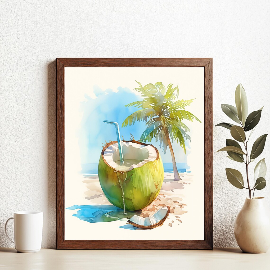 Tropical Coconut Drink on the Beach Watercolor Vacation Art Print