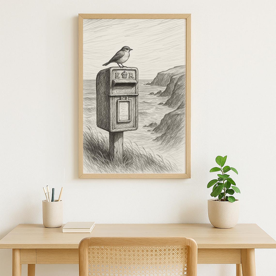 Bird on Postbox Sea Cliffs Pencil Sketch Coastal Drawing Poster - Image 2