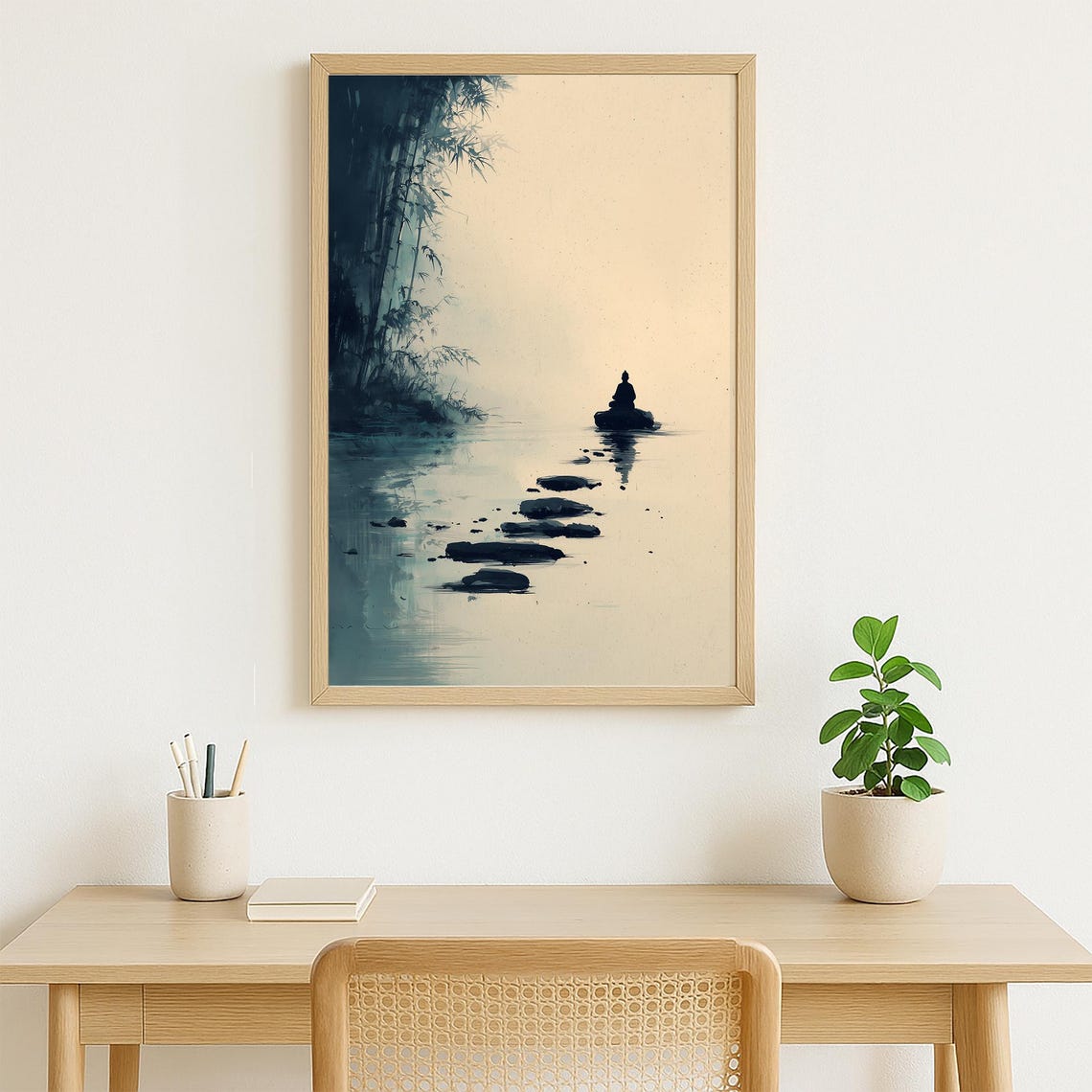 Zen Meditating Figure Stepping Stones Bamboo Ink Wash Art Poster - Image 3
