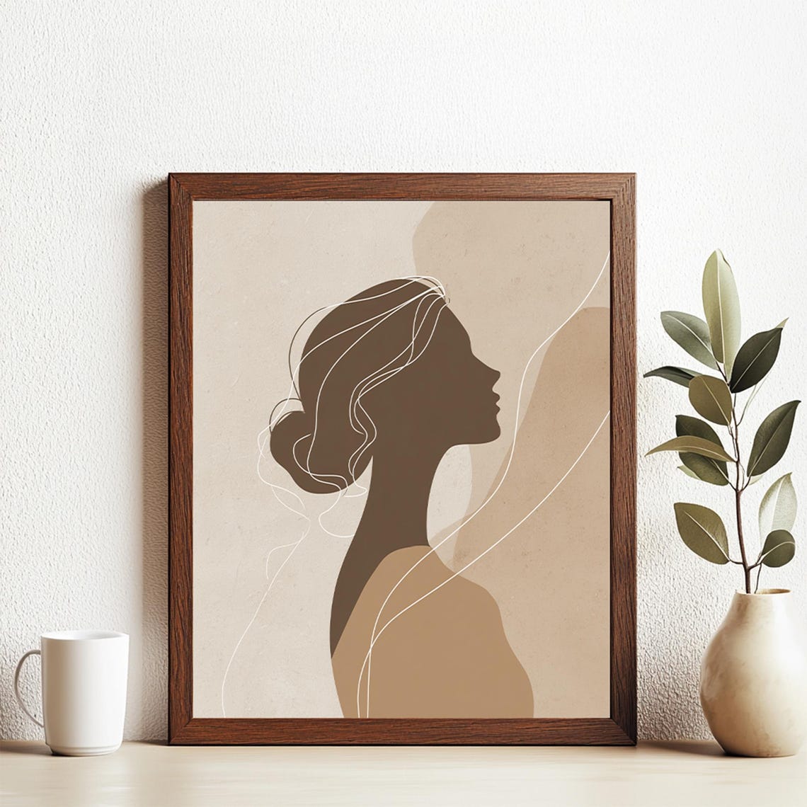 Brown Silhouette Woman Profile Boho Minimalist Line Art Poster