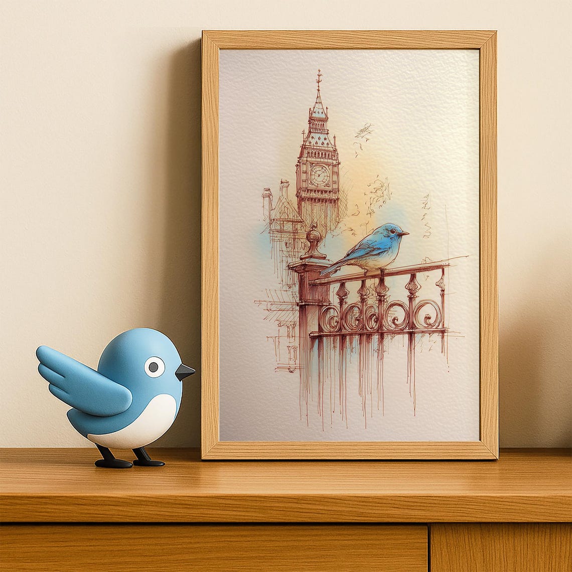 Bluebird on Balcony Big Ben London Ink Sketch Watercolor Wall Art