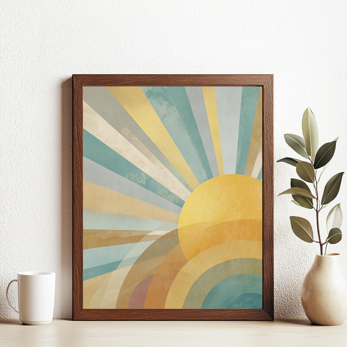 Retro 70s Style Abstract Sunrise With Colorful Sun Rays Wall Art