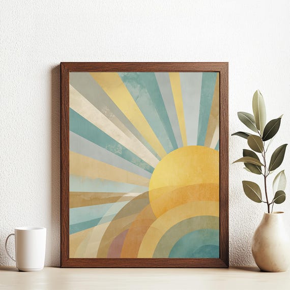 Retro Sunrise Wall Art 70s Style Abstract Sun Rays Print Vintage Boho Pastel Poster
