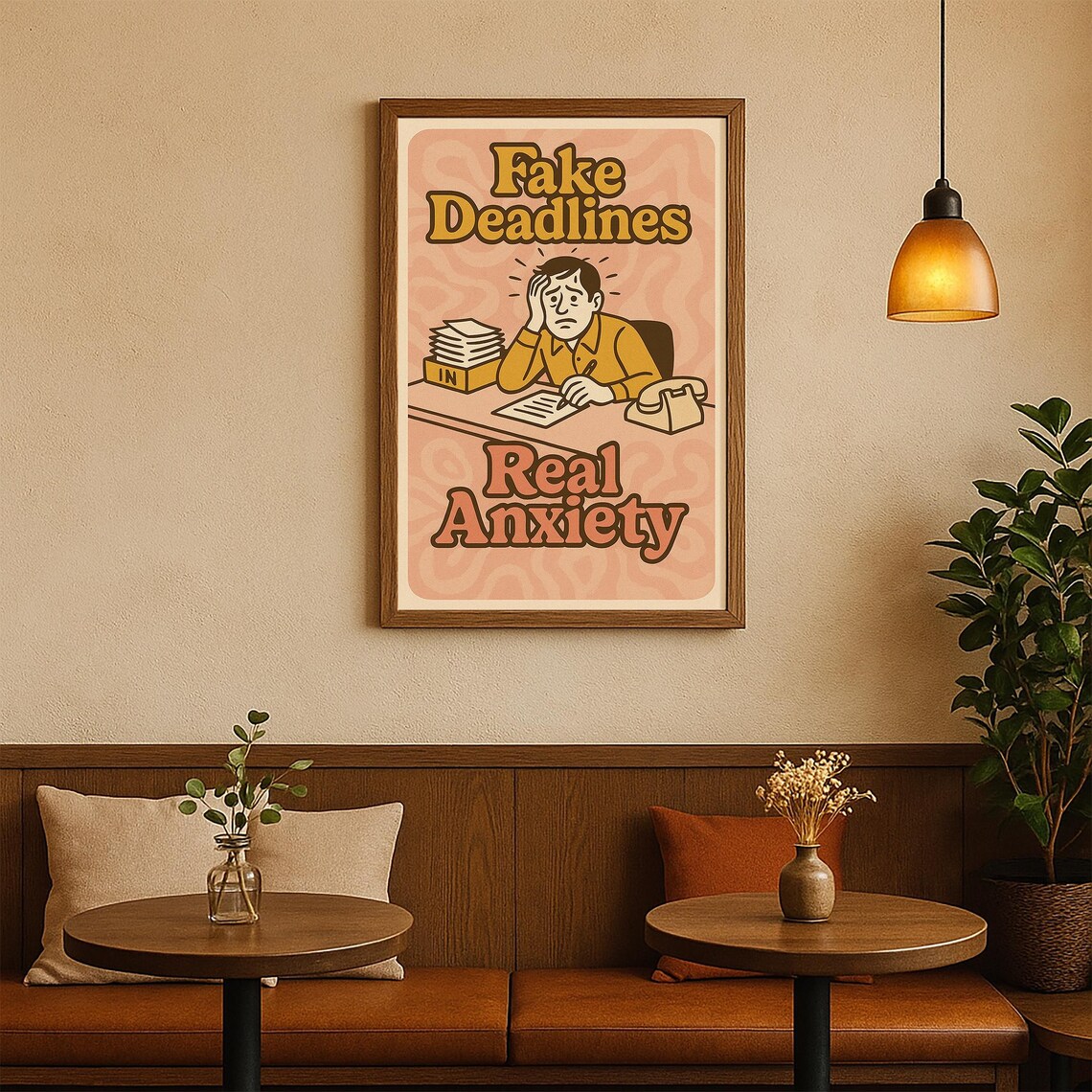 Fake Deadlines Real Anxiety Funny Retro Office Humor Quote Poster - Image 3
