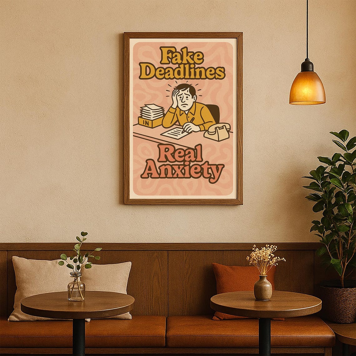 Fake Deadlines Real Anxiety Poster Retro Funny Office Wall Art 70s Groovy Work Humor Decor - Image 3