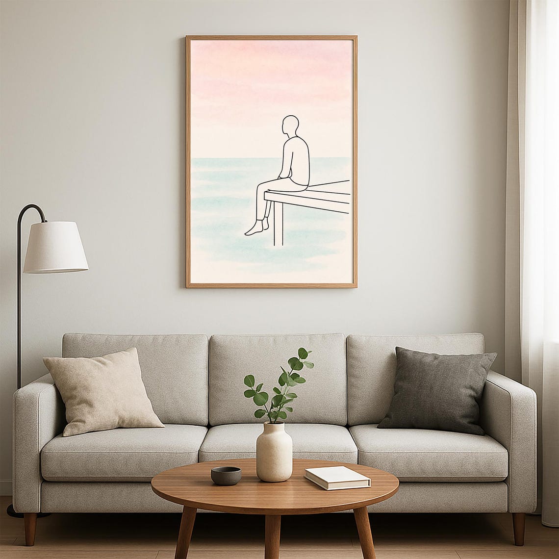 Minimalist Line Art Person on Dock Serene Ocean View Wall Art - Image 3