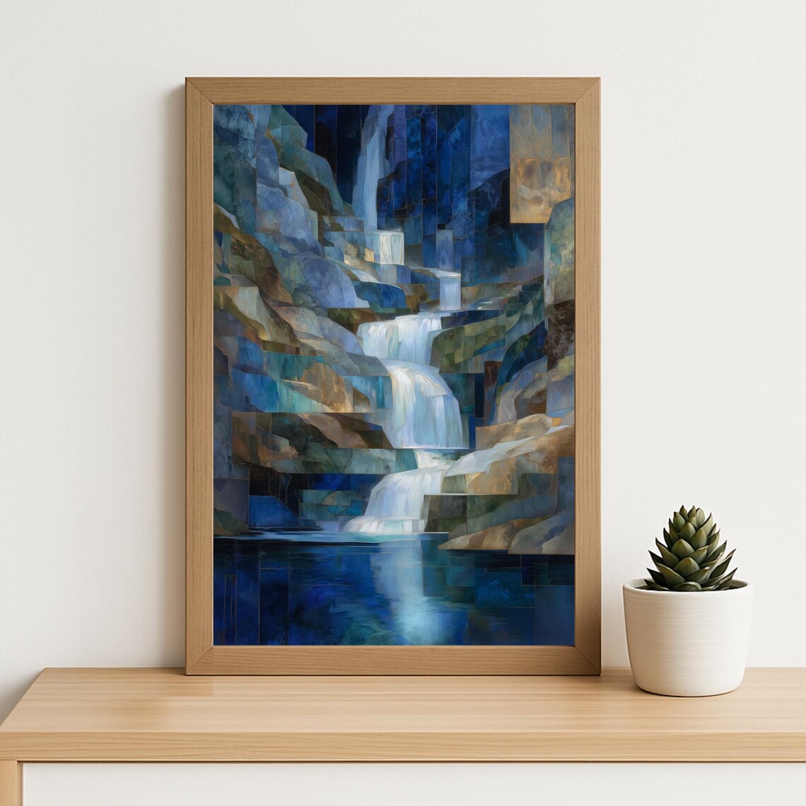 Geometric Waterfall Art Print, Abstract Cascade Landscape