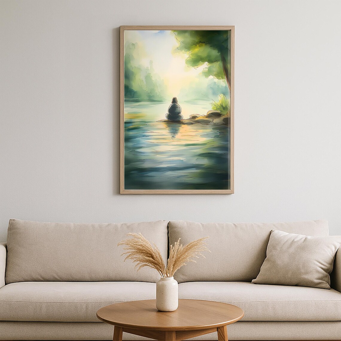 Meditation by Lake Watercolor Calm Stones Peaceful Sunrise Poster - Image 2