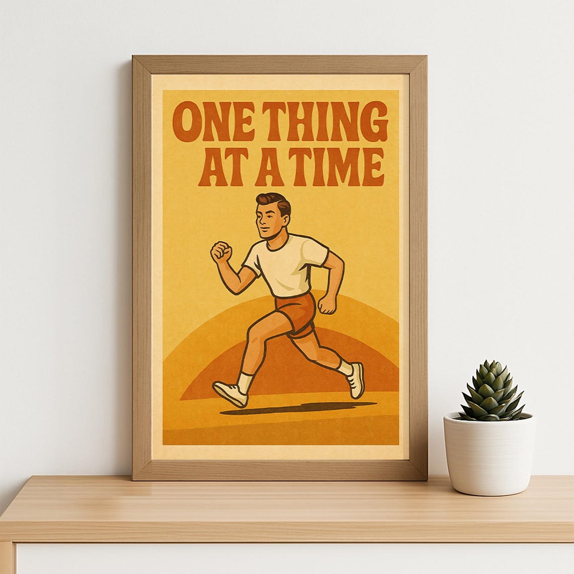 One Thing At A Time Poster Retro Motivational Wall Art 70s Style Runner Illustration Focus Quote Decor