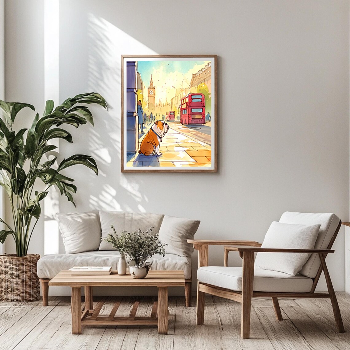 English Bulldog Watercolor London Street Big Ben Red Bus Poster - Image 6