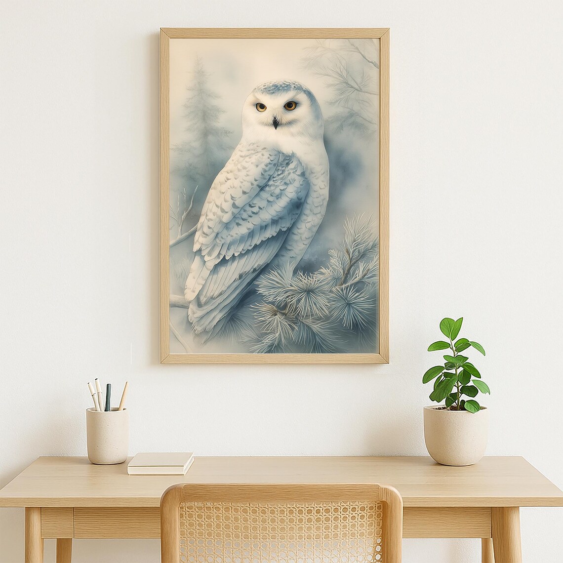 Snowy Owl In Winter Pines Soft Blue Watercolor Majestic Bird Poster - Image 4
