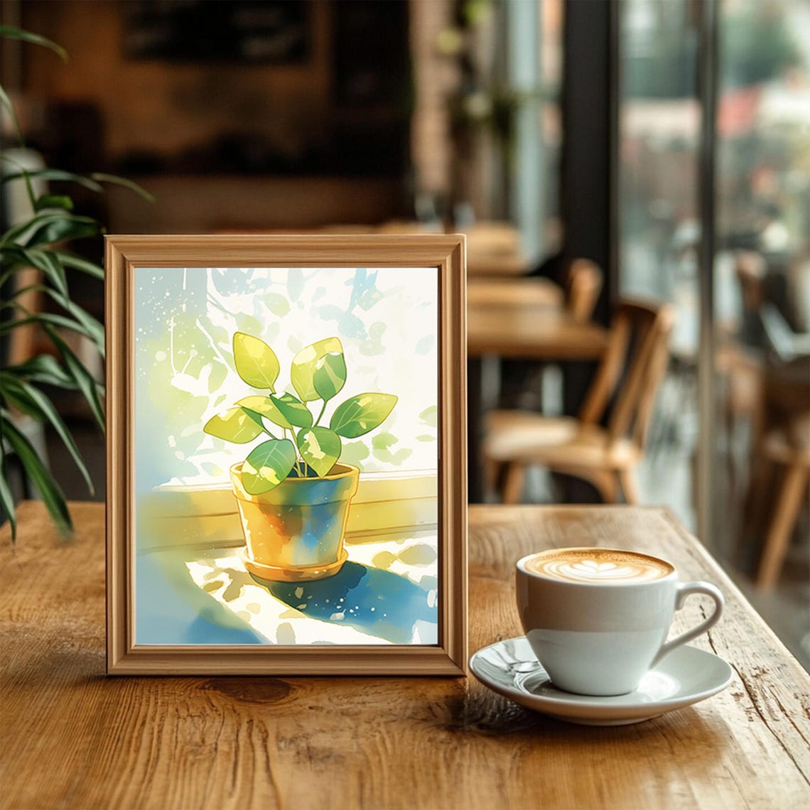 Sunlit Potted Green Plant on a Bright Windowsill Watercolor Poster - Image 2