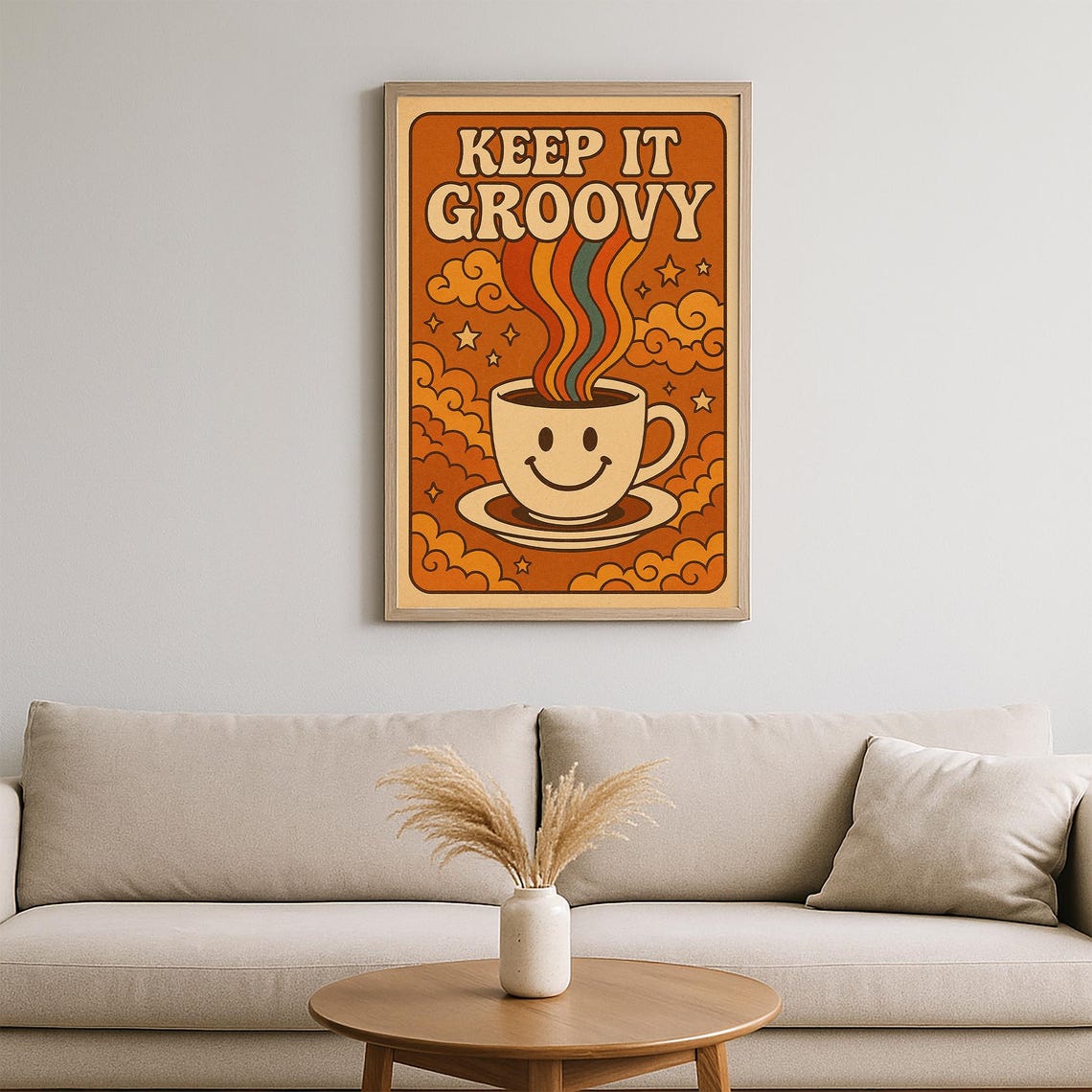 Keep It Groovy Retro 70s Smiley Coffee Cup Steam Rainbow Poster - Image 2