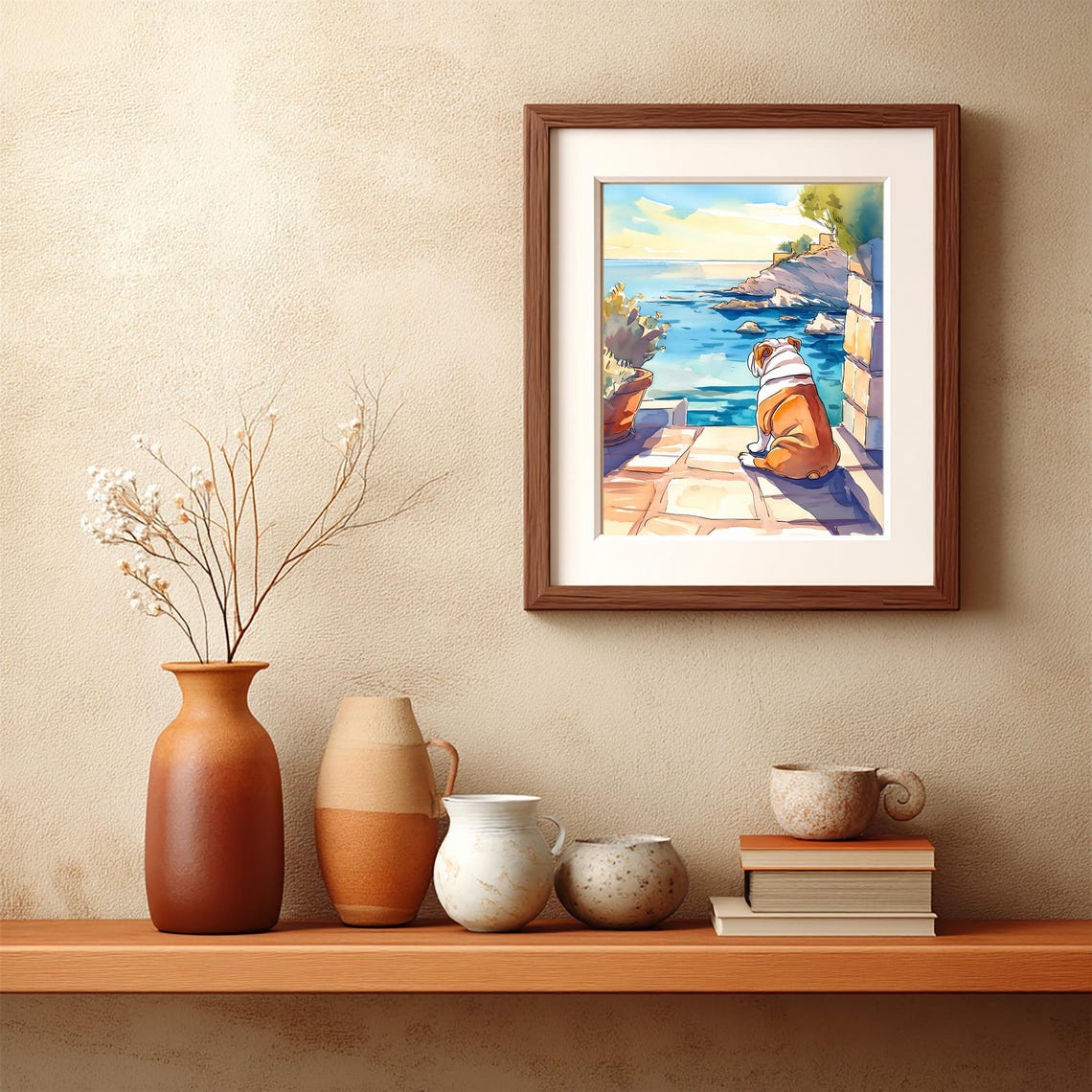 English Bulldog Watercolor Seaside Terrace Coastal View Poster - Image 4
