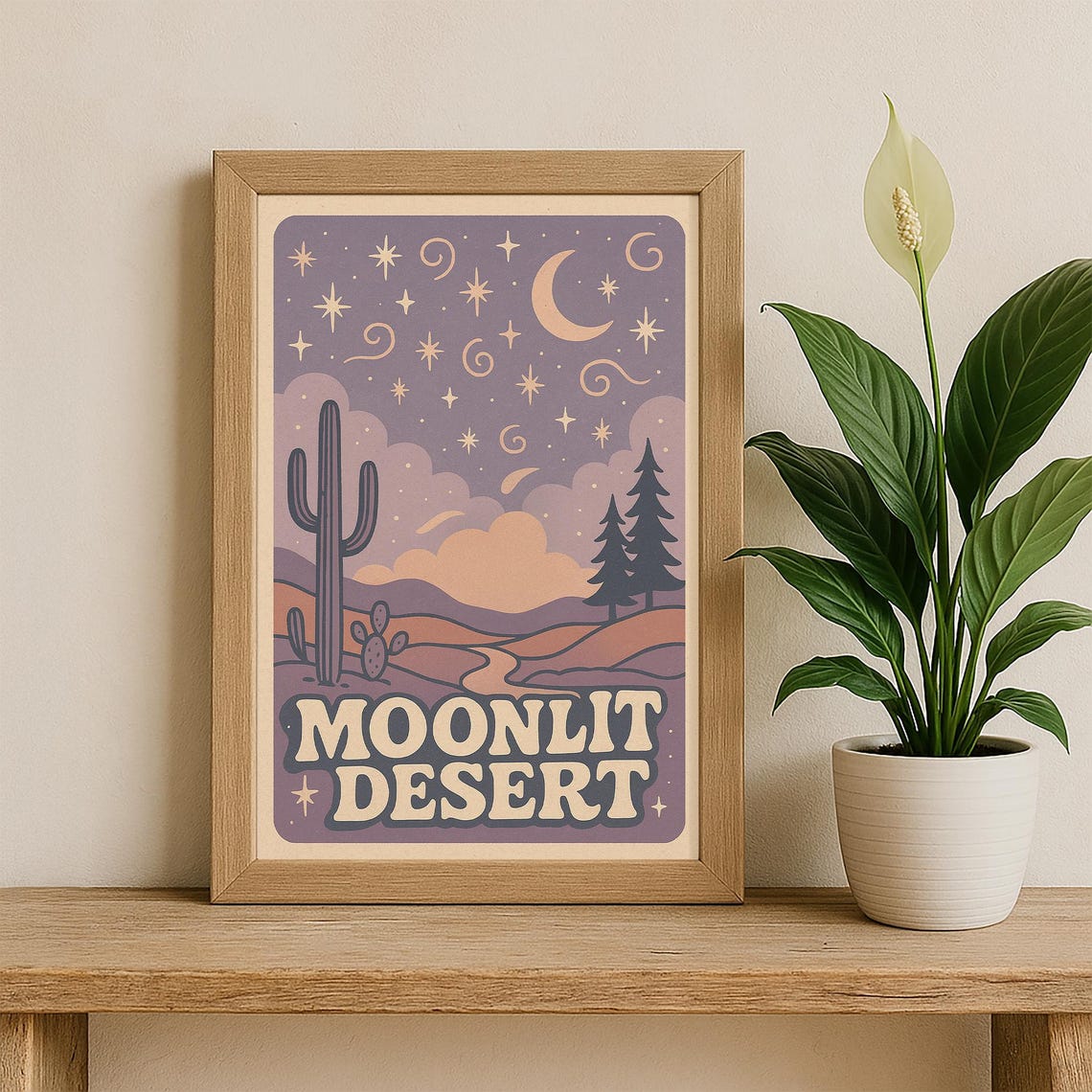 Moonlit Desert Retro Groovy Night Landscape With Cactus Poster - Image 3