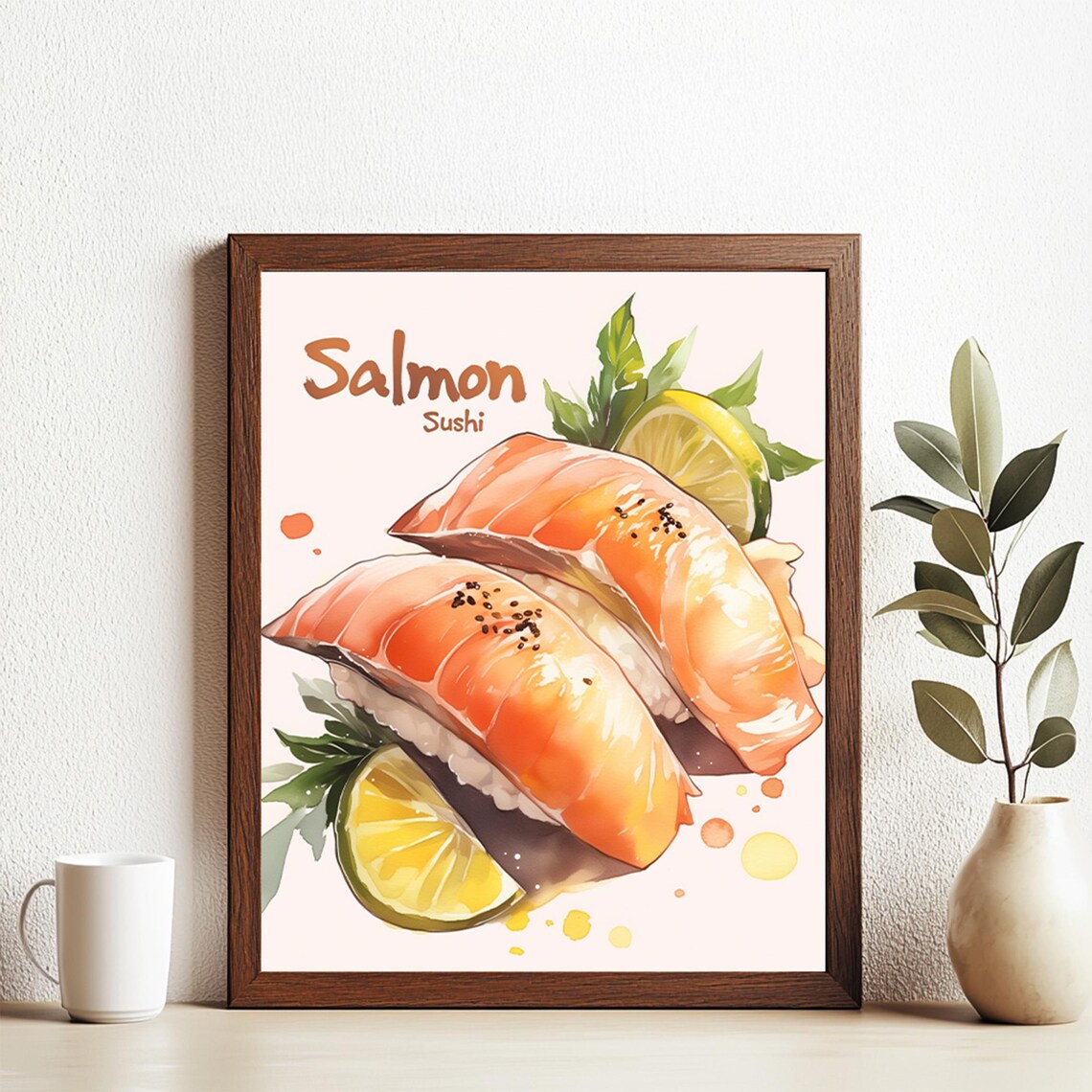 Salmon Sushi Watercolor Two Nigiri Lemon Food Kitchen Art Poster