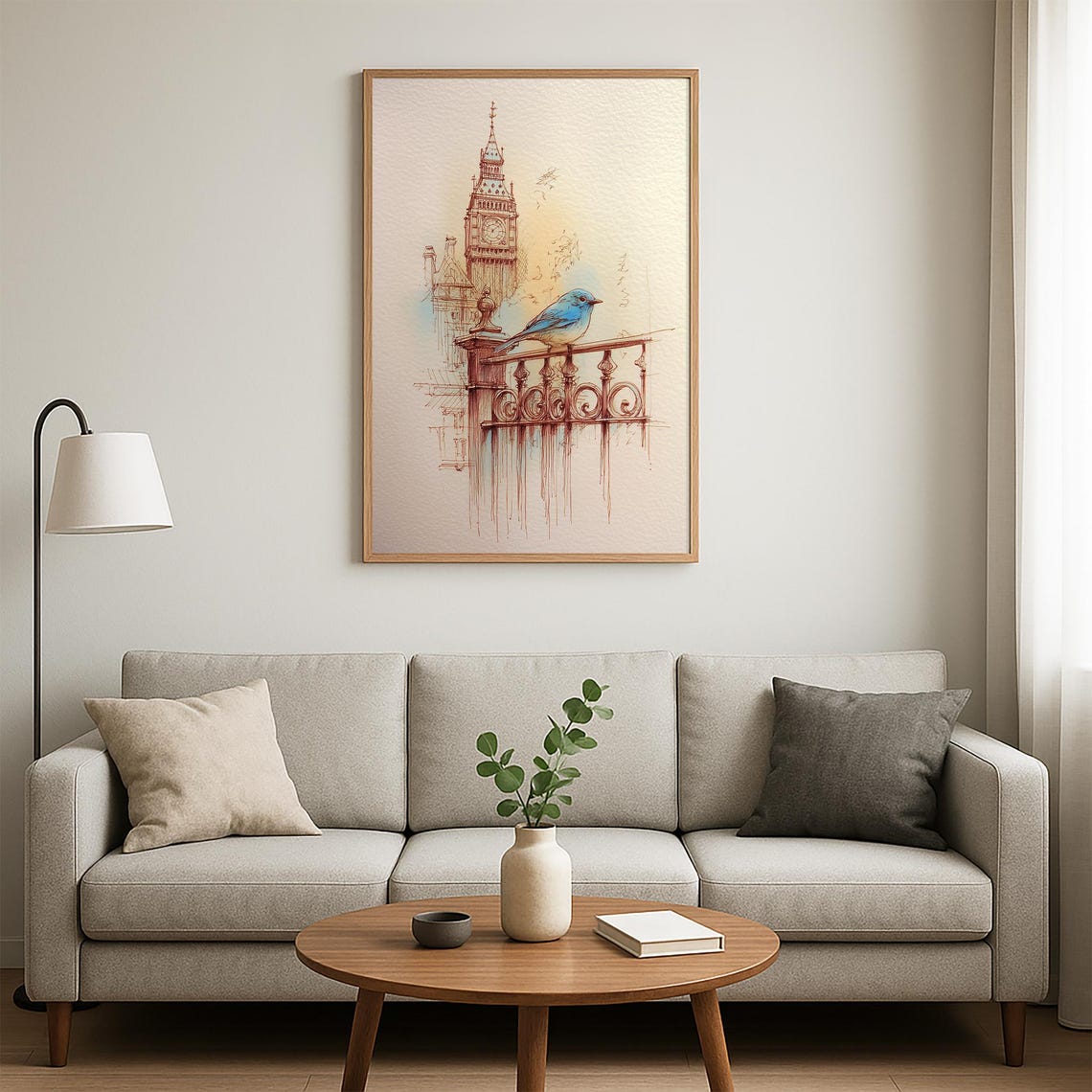 Bluebird on Balcony Big Ben London Ink Sketch Watercolor Wall Art - Image 3
