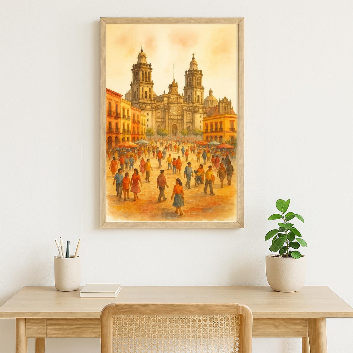 Watercolor Painting Of Mexico City Zcalo Historic Cathedral Plaza Urban Street Market Scene Vibrant Latin Wall Art Print - Image 4