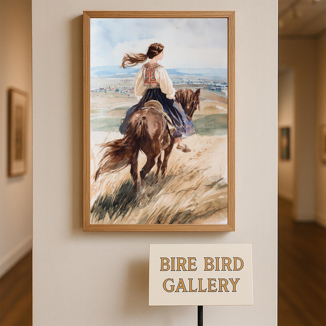 Woman Horseback Riding Folk Dress Golden Hills Watercolor Poster