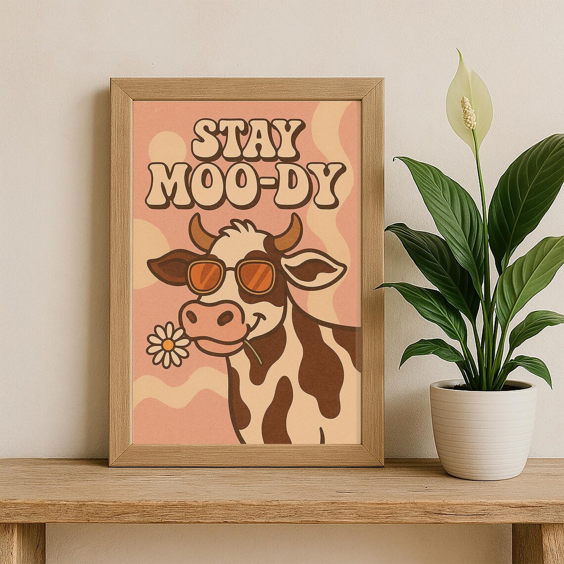 Stay Moody Cow Funny Retro Groovy 70s Cute Animal Quote Poster - Image 2