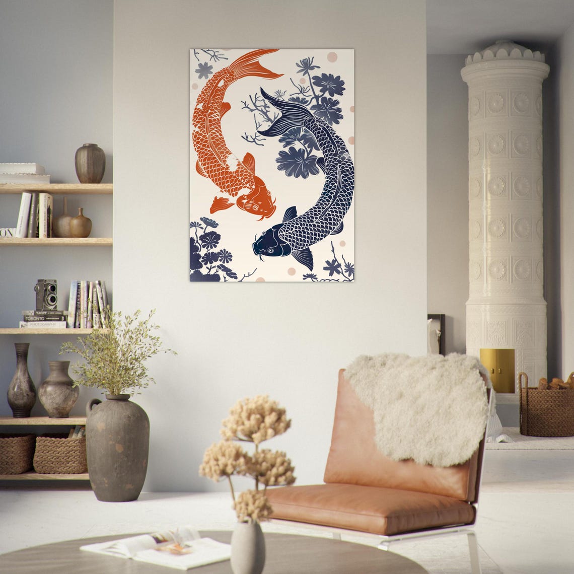 Koi Fish Poster Two Koi Fish In Linocut Style Harmony And Balance In Blue And Orange Premium Posters In A4 To A0 Koi Yin Yang - Image 5
