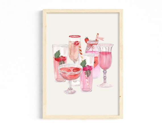 Pink Watercolor Cocktail Collection Poster With Berry Garnished Glasses