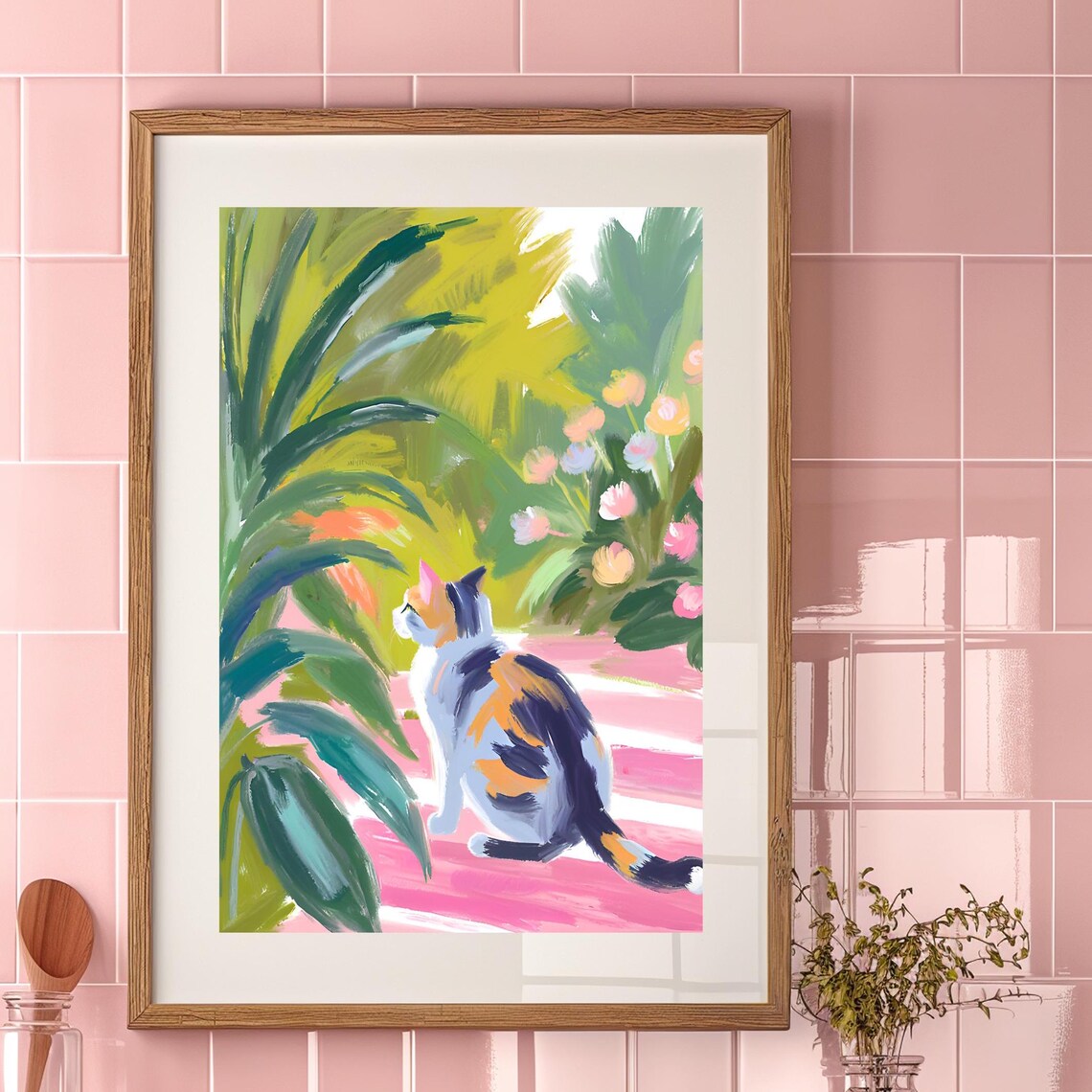 Curious Tabby Cat Botanical Garden Art Print
