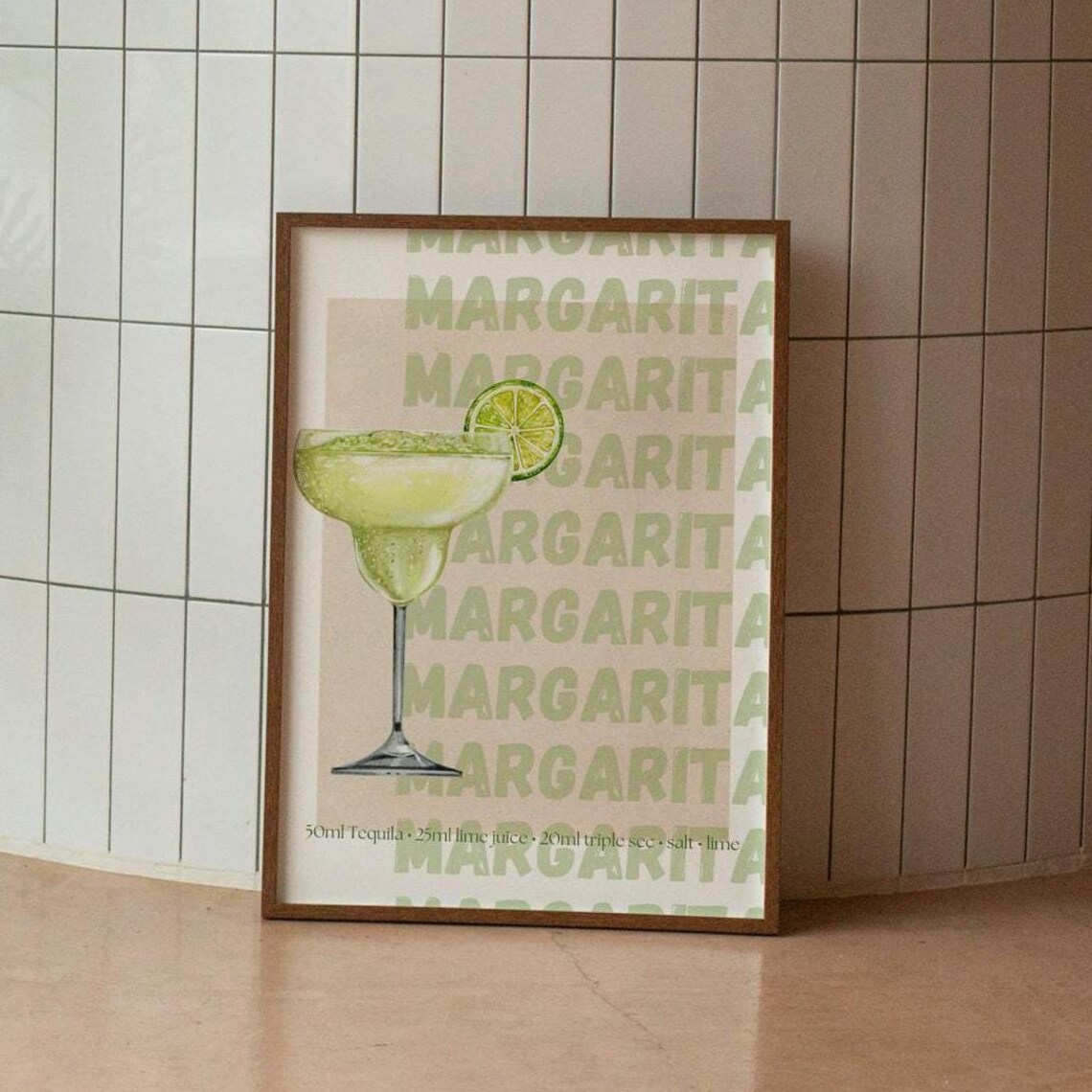 Margarita Watercolor Cocktail Recipe Green Lettering Bar Poster