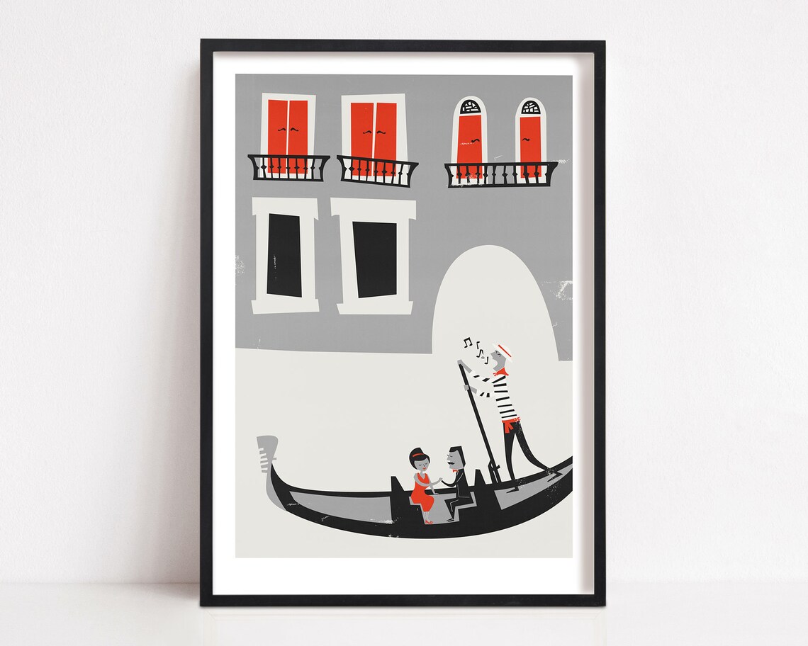 Venetian Gondola Illustration, Mid-Century Style Art Print