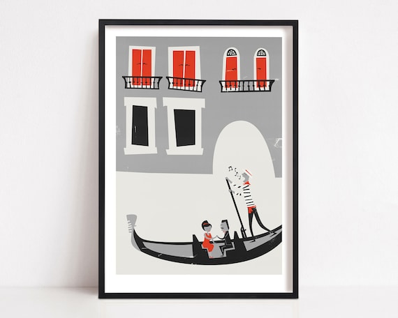 Venetian Gondola Illustration, Mid-Century Style Art Print