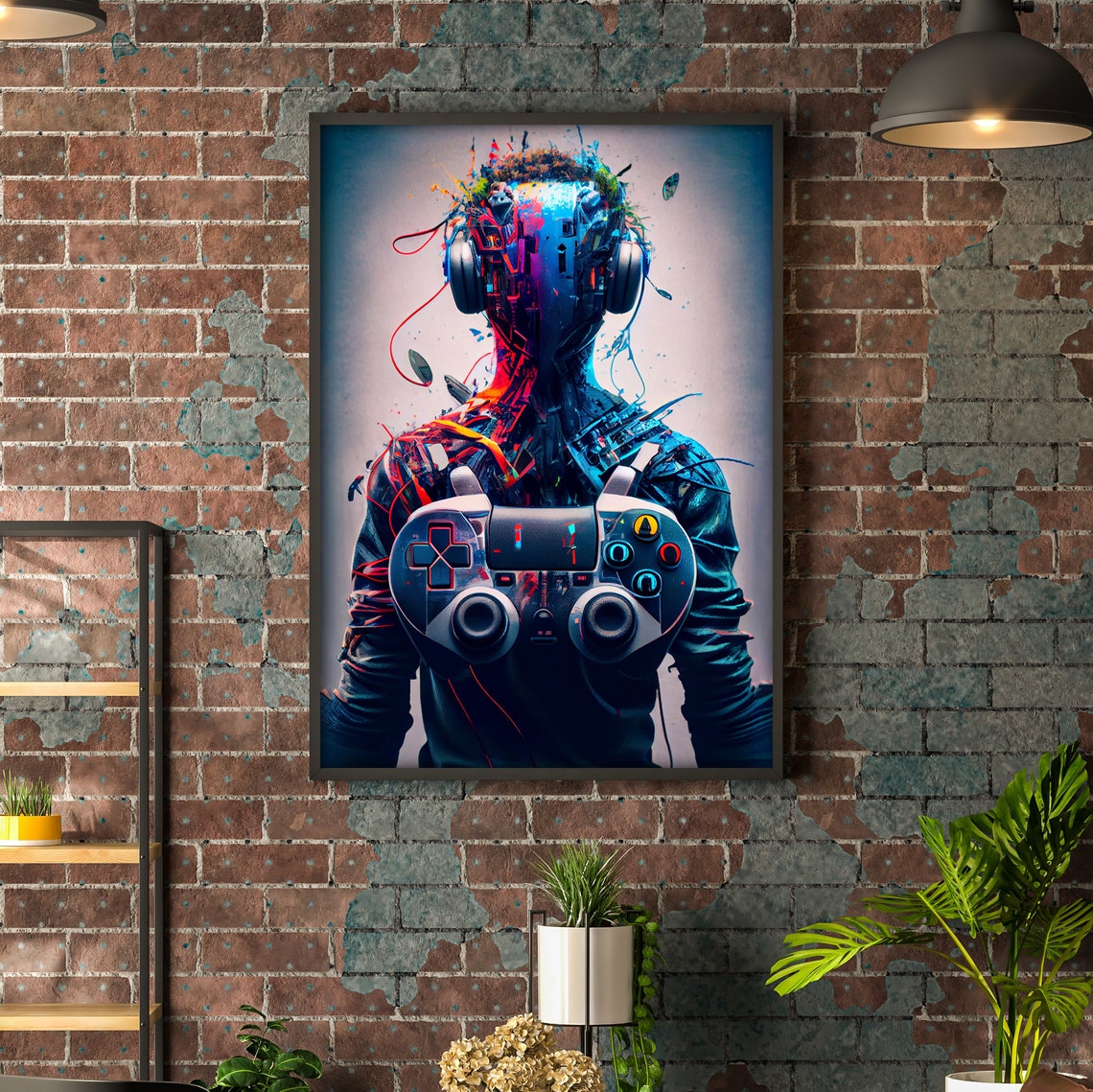 Glitch Gamer Portrait Headphones Controller Colorful Art Poster - Image 3