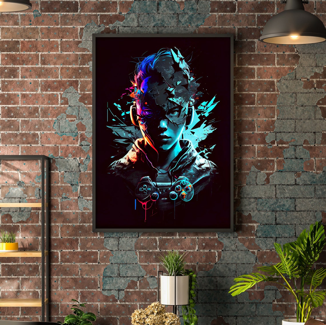 Neon Gamer Portrait Headset Glowing Blue Red Digital Art Poster - Image 3