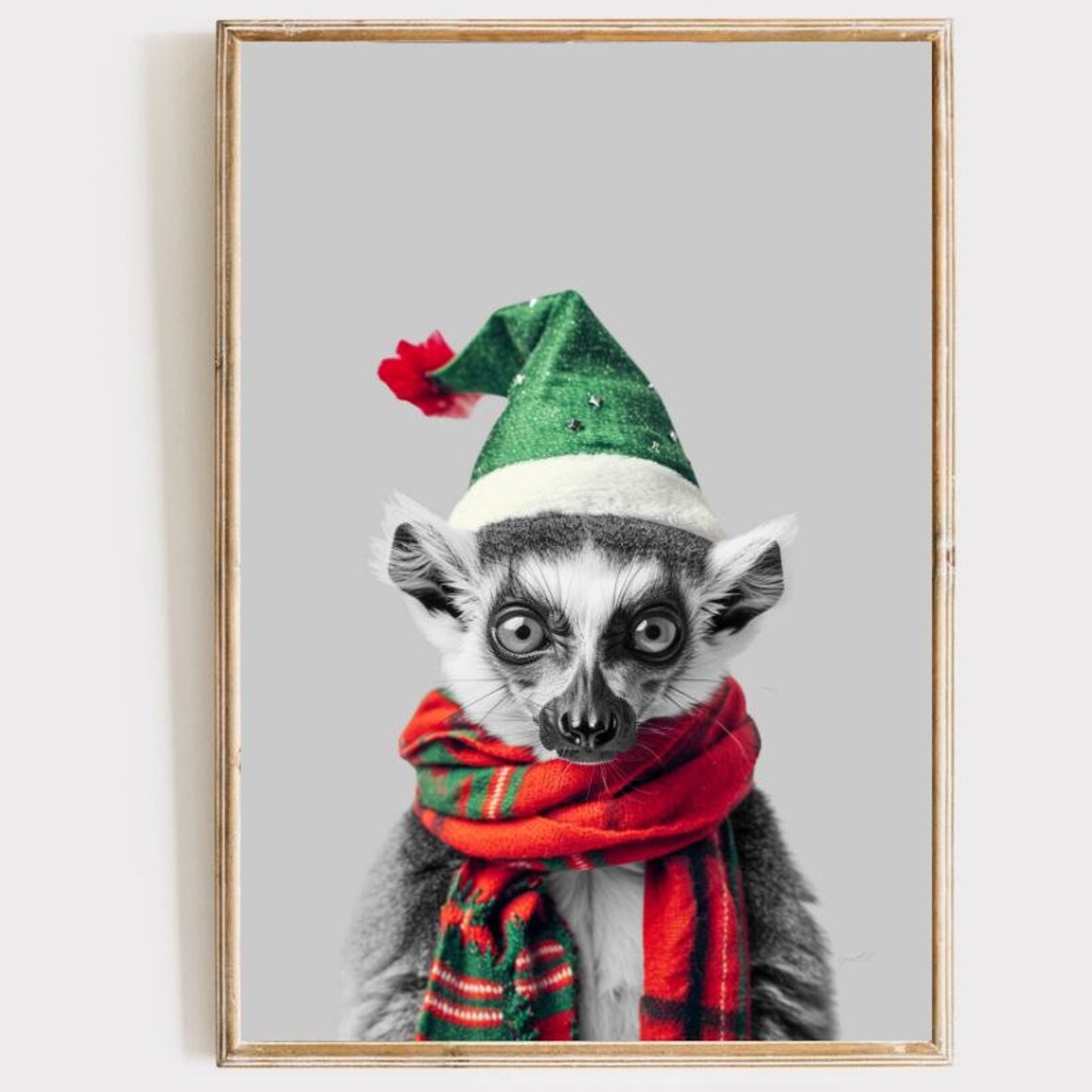 Christmas Lemur Portrait in Elf Hat and Plaid Scarf Festive Wall Poster