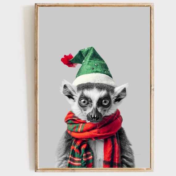 Christmas Lemur Portrait in Elf Hat and Plaid Scarf Festive Wall Poster