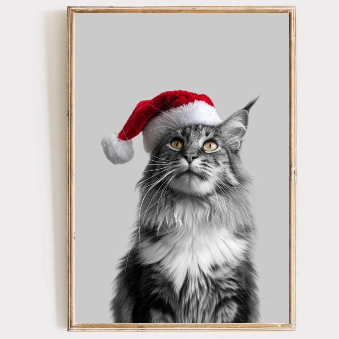 Christmas Maine Coon Cat in Santa Hat Festive Portrait Wall Poster