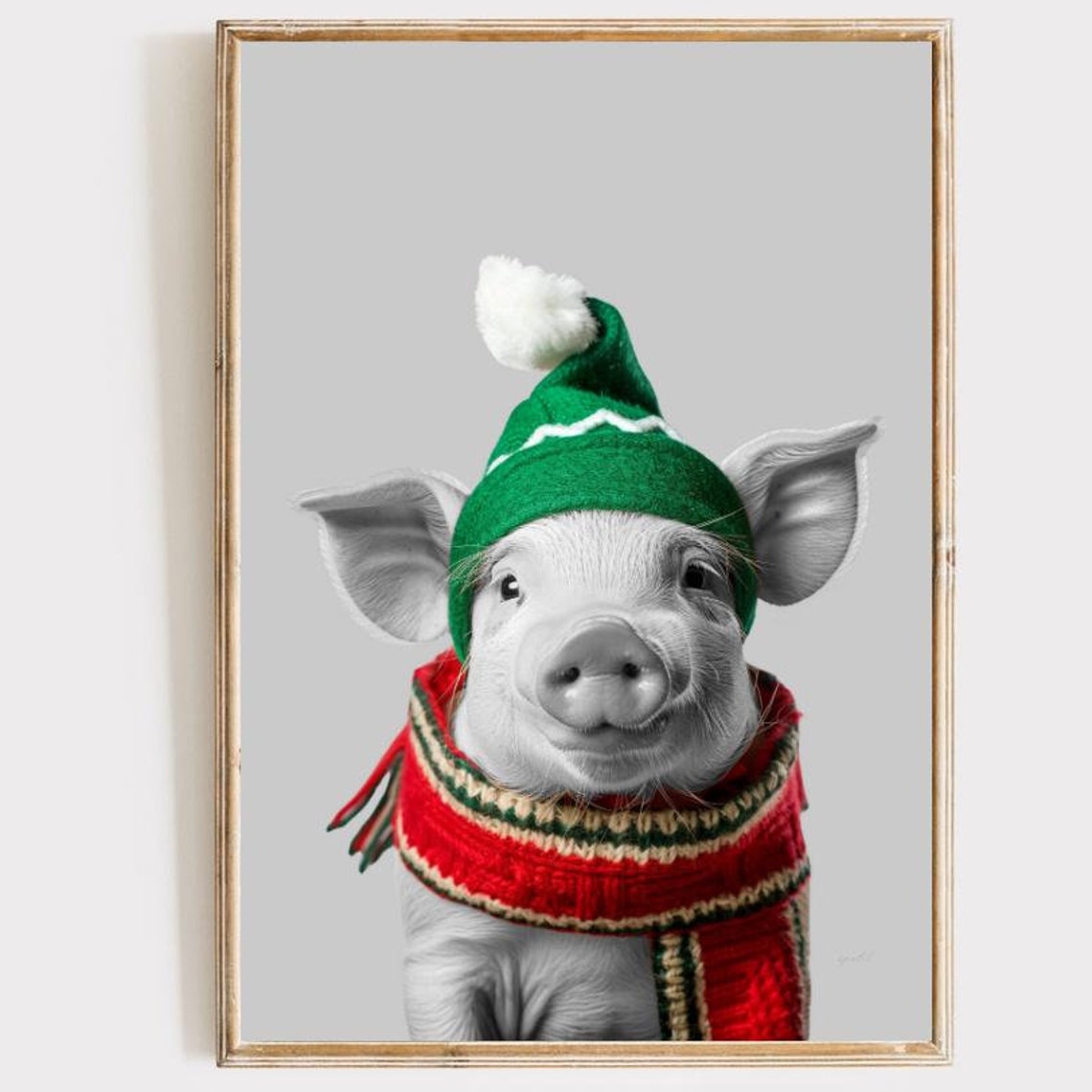 Christmas Pig Portrait in Elf Hat and Festive Scarf Wall Poster