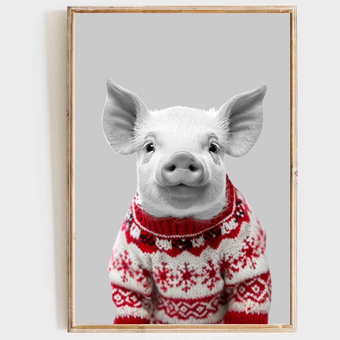 Christmas Pig in Red Fair Isle Sweater Festive Portrait Wall Poster