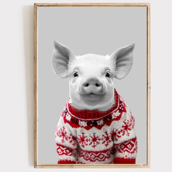 Christmas Pig in Red Fair Isle Sweater Festive Portrait Wall Poster