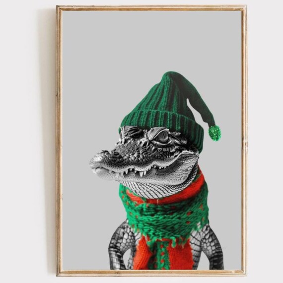Christmas Alligator Knit Hat Scarf Cute Holiday Animal Poster