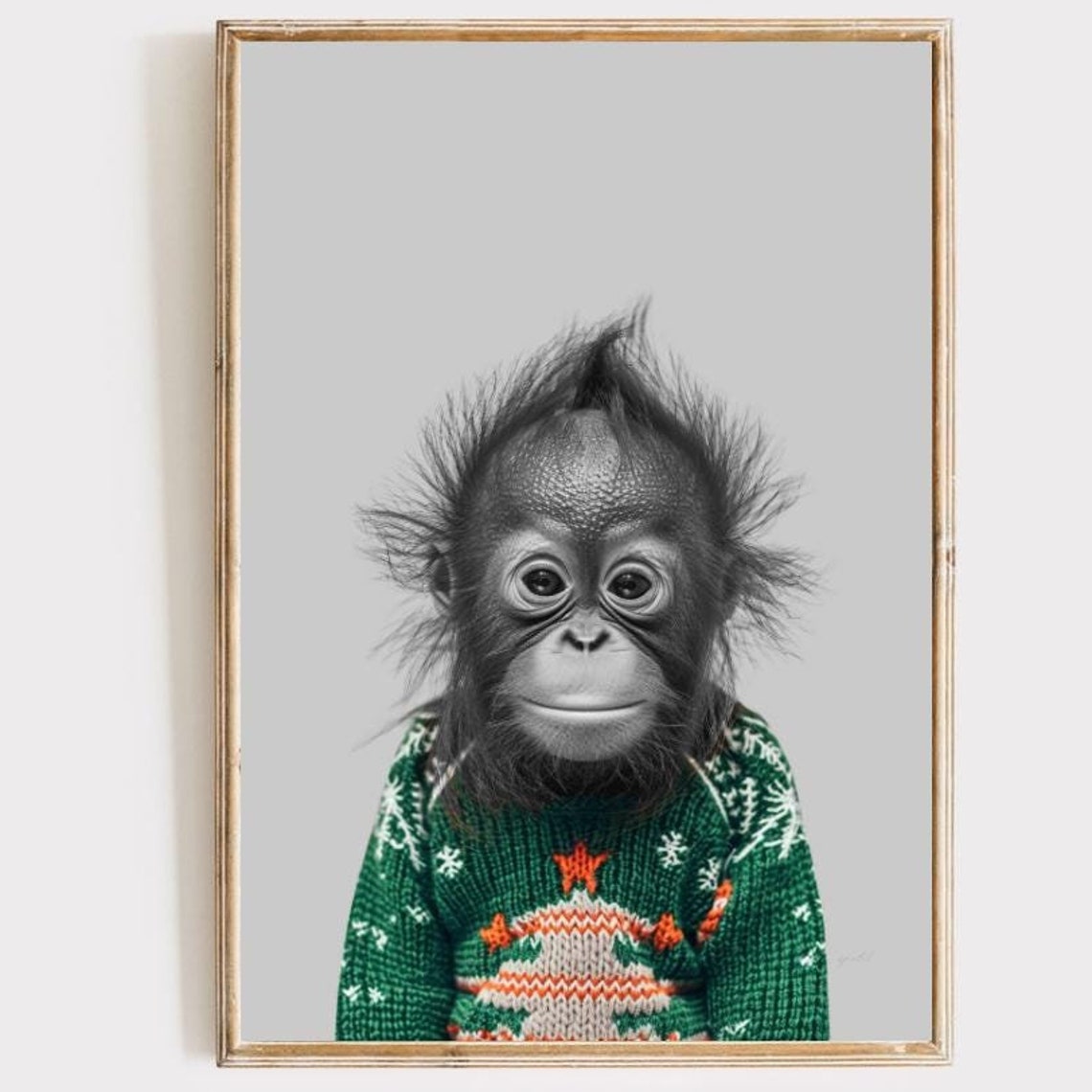 Christmas Baby Orangutan In Green Holiday Sweater Portrait Wall Art