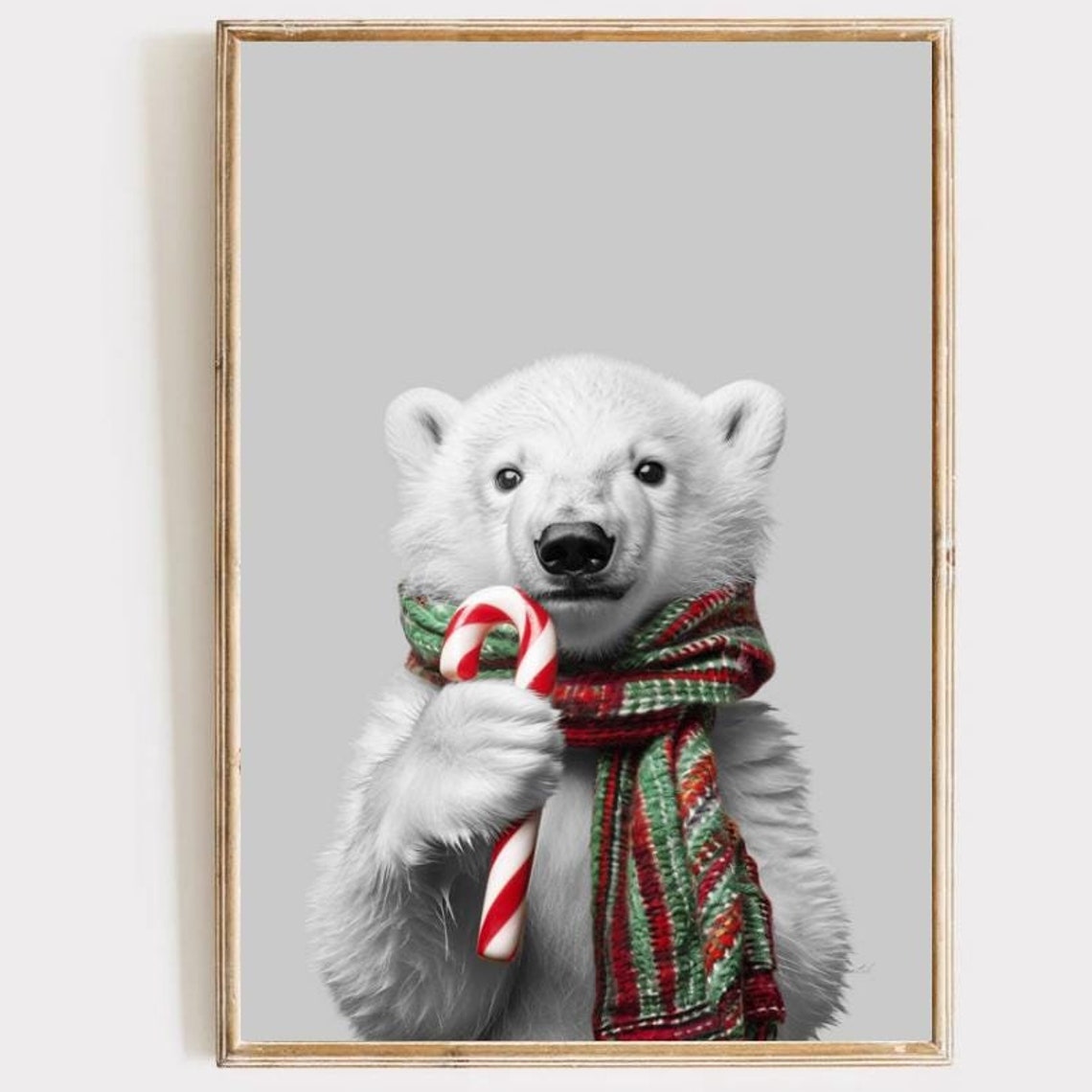 Christmas Polar Bear Cub Holding Candy Cane Portrait Animal Wall Art